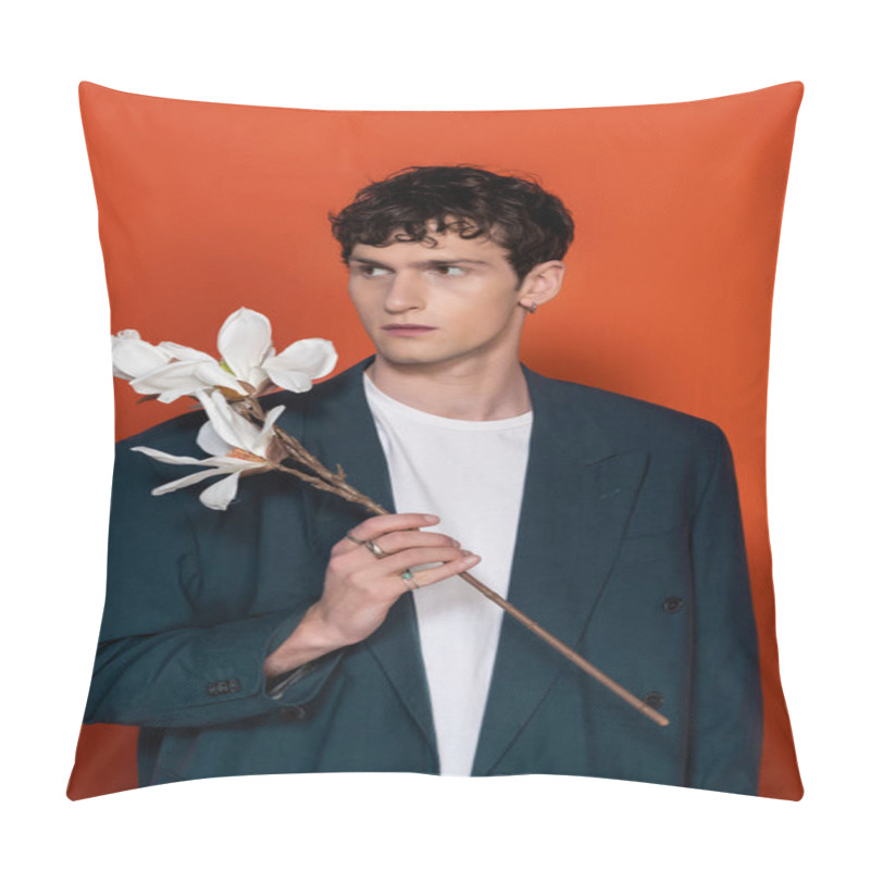 Personality  Man In Blue Jacket Holding Magnolia Branch On Red Background Pillow Covers