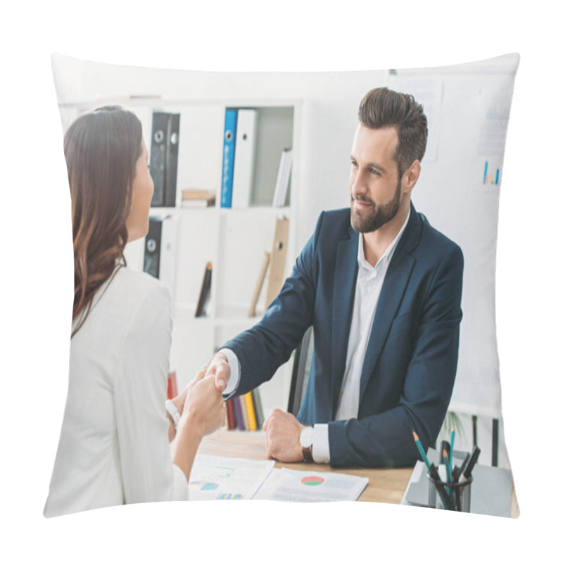 Personality  Handsome Advisor In Suit Shaking Hands With Investor At Workspace Pillow Covers