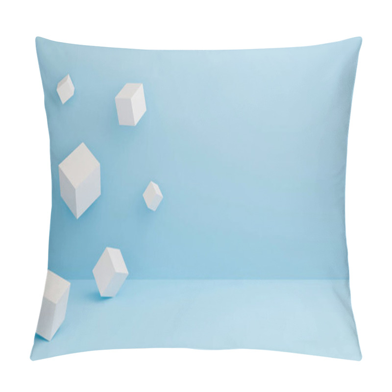 Personality  Abstract 3d White Cube Boxes On Blue Texture With Geometric Shapes Podium. Art 3d Cubes Background For Display Product, Presentation And Banner On Website. Empty Showcase For Advertising. Minimal. Pillow Covers