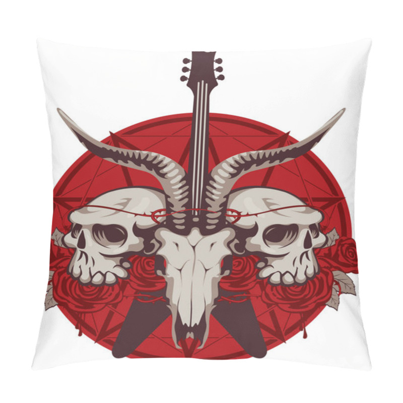 Personality  Vector Illustration With Skulls Of A Horned Animal And Human, Electric Guitar And Red Roses On The Background Of The Satan Star. Creative Illustration For T-shirt Design In Modern Style Pillow Covers