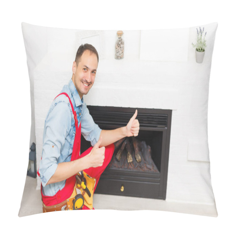 Personality  Repairman Repairs And Installs A Fireplace In The Apartment Pillow Covers