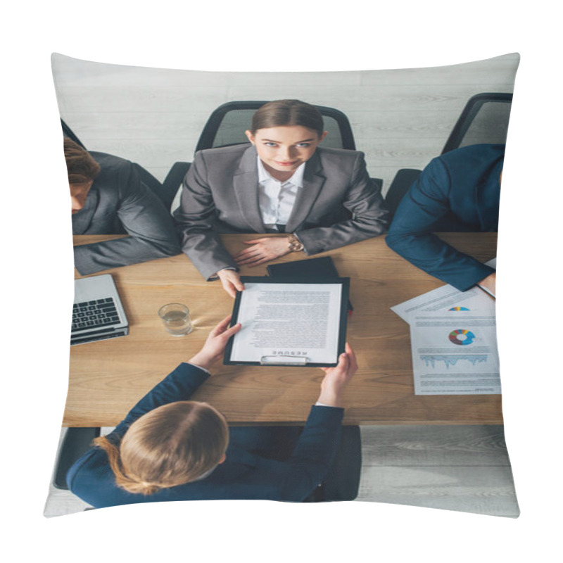 Personality  Overhead View Of Recruiter Looking At Camera Near Colleagues And Employee With Resume At Table Pillow Covers