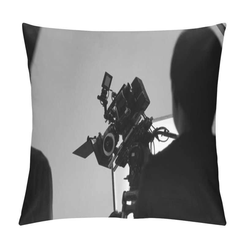 Personality  Movie Shooting Or Video Filming Production By Crew Team And Professional Equipment Such As Super Ultra High Definition Digital Camera With Tripod And Lighting Set In Studio And Black And White Styles. Pillow Covers