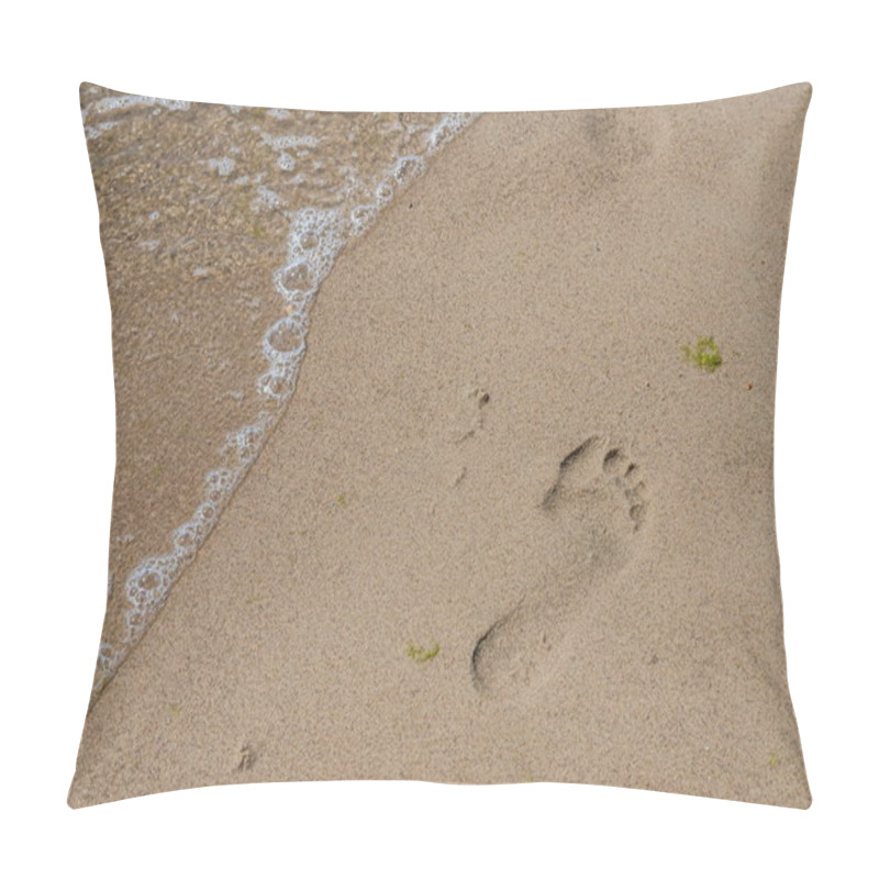 Personality  Footprints Of A Man On The Yellow Beach Sand From Walking Barefoot By The Sea With Water That Washes Away The Footprints. Contemplation Of Life Pillow Covers