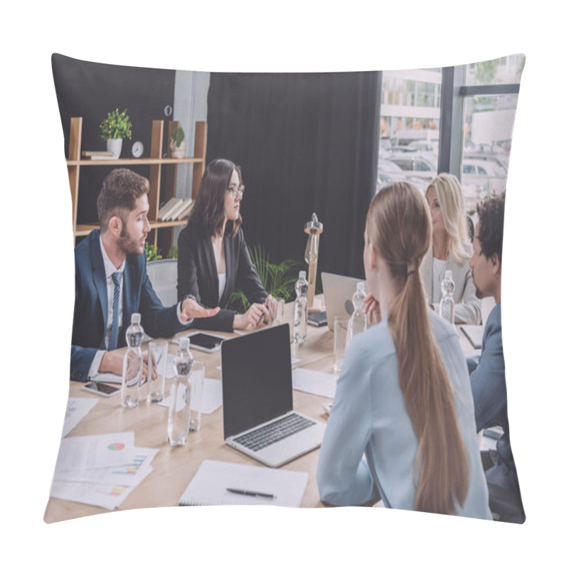 Personality  Multicultural Colleagues Sitting At Desk Near Digital Devices And Documents During Business Meeting Pillow Covers