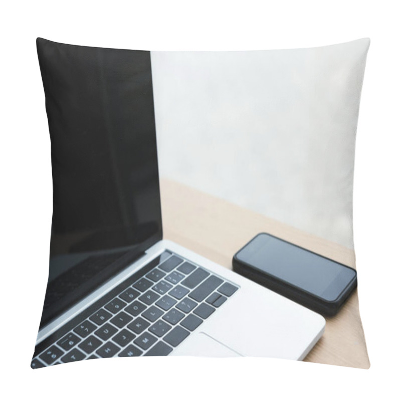 Personality  Laptop And Smartphone With Black Screens On Wooden Table  Pillow Covers