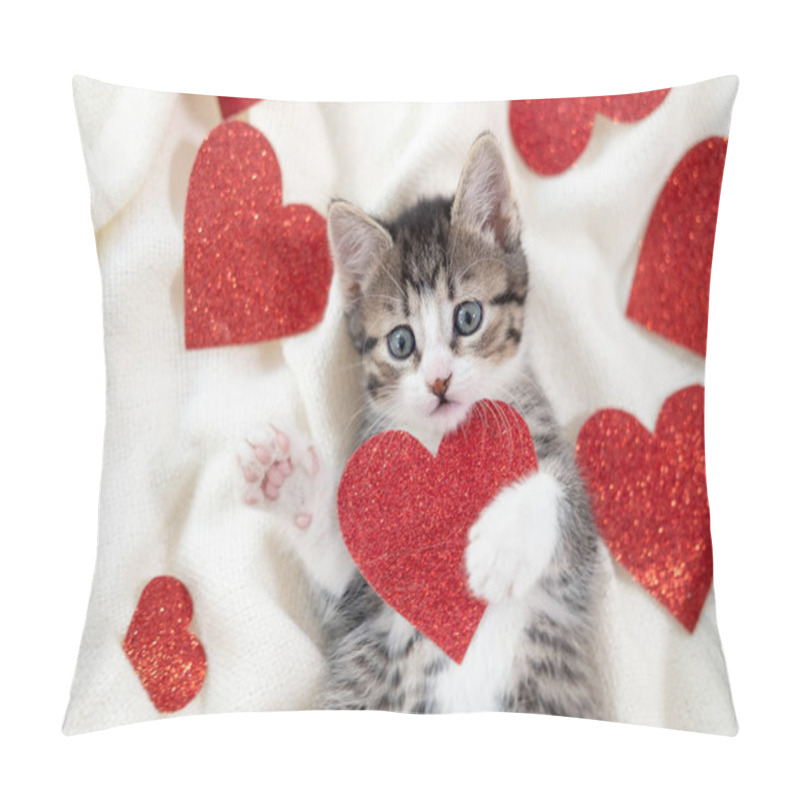 Personality  Valentines Day Cat. Small Striped Kitten Playing With Red Hearts On Light White Blanket On Bed, Looking At Camera. Adorable Domestic Kitty Pets Concept . Pillow Covers