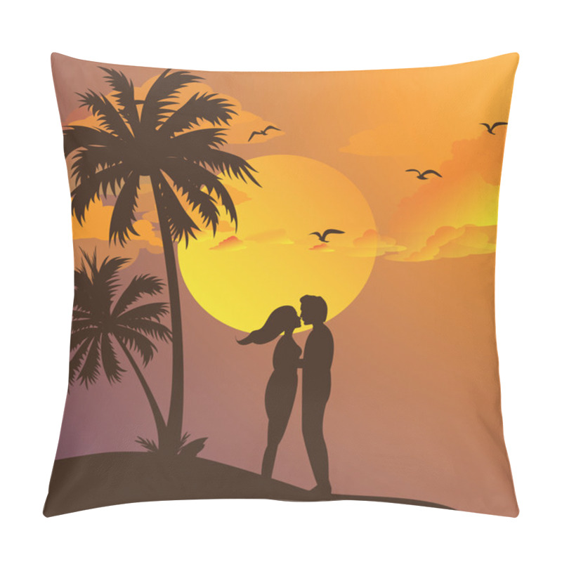 Personality  Couple Kissing Silhouette Sunset On Beach Romantic Moment Yellow Sky Palm Tree Pillow Covers