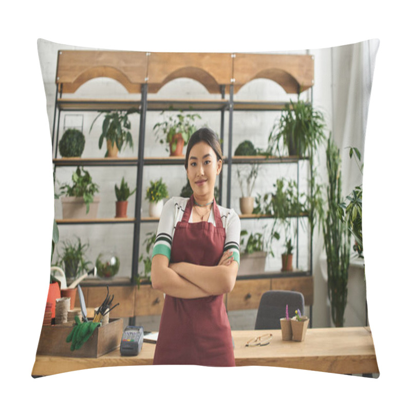 Personality  A Beautiful Asian Woman Stands Proudly In Her Plant Shop, Arms Crossed, Wearing An Apron. Pillow Covers