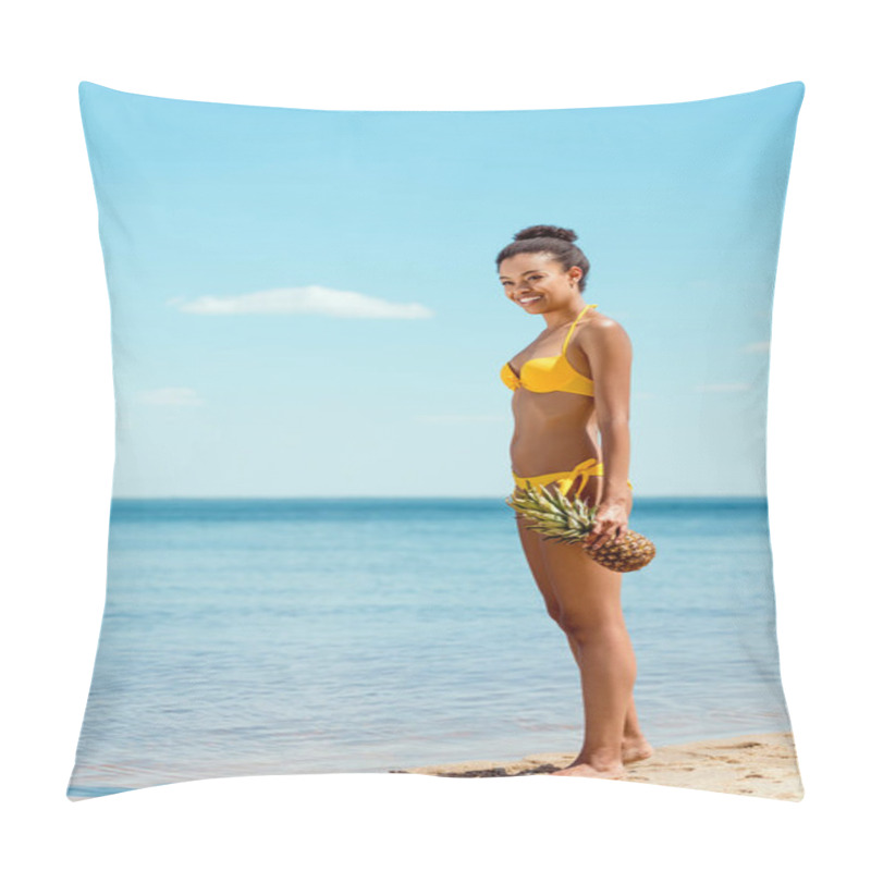 Personality  Smiling African American Woman In Bikini Holding Pineapple On Sandy Beach  Pillow Covers