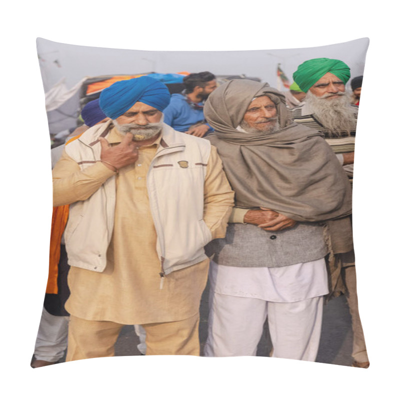 Personality  NEW DELHI, INDIA, DECEMBER 2020 : Portrait Of Indian Farmer From Punjab And Other States Participating In New Farm Law Bill Protest At Delhi-UP Border. Farmers From Across India Protest At Delhi. Pillow Covers