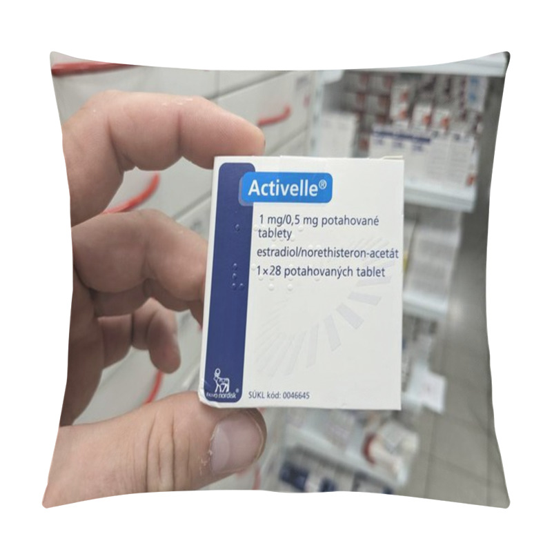 Personality  Prague, Czech Republic - SEPTEMBER 13 2024: ACTIVELLE Box Of Medication With ESTRADIOL And NORETHISTERONE Active Substances By NOVO NORDISK, Used For Hormone Replacement Therapy. Pillow Covers