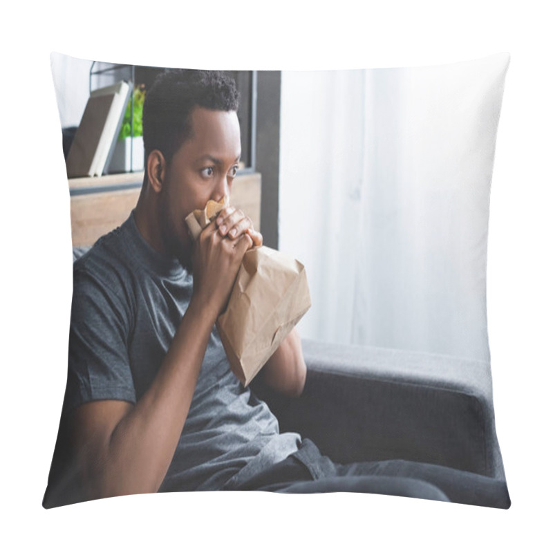 Personality  Stressed African American Man Breathing With Paper Bag While Having Panic Attack At Home Pillow Covers