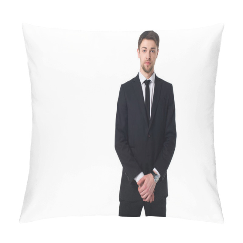 Personality  Portrait Of Handsome Agent In Black Suit Looking At Camera Isolated On White Pillow Covers