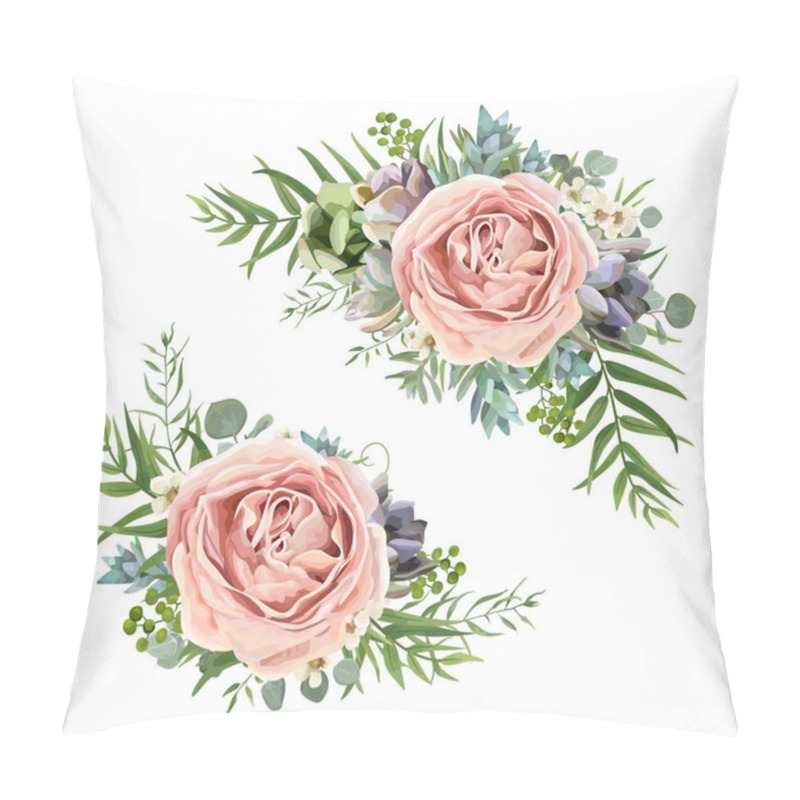 Personality  Vector Floral Bouquet Design: Garden Pink Peach Lavender Rose Wax Flower, Eucalyptus Branch, Green Fern Palm Leaves, Succulent Berry. Wedding Vector Invite Illustration Watercolor Designer Element Set Pillow Covers