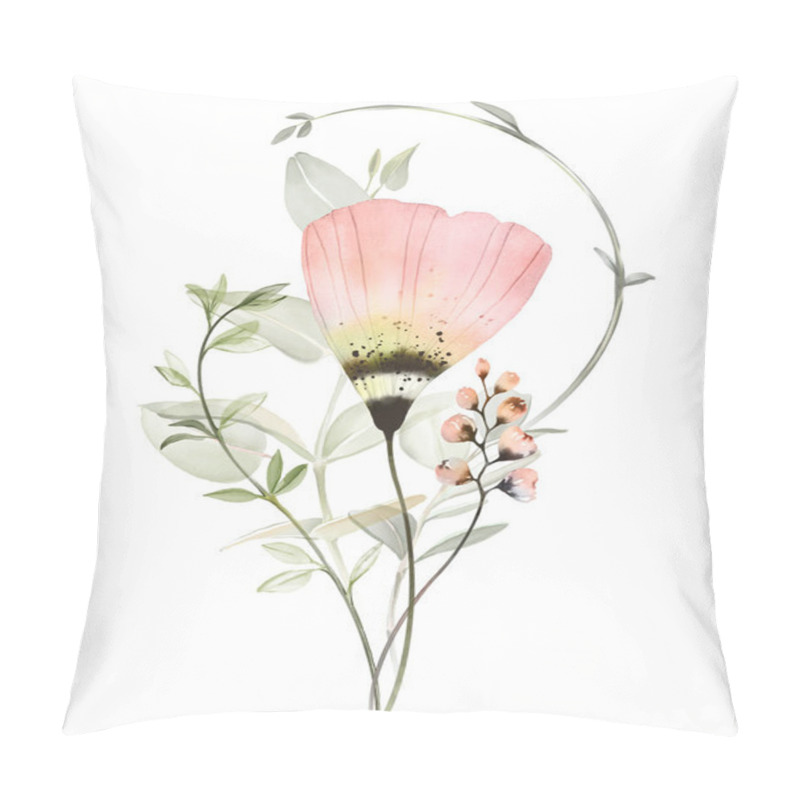 Personality  Watercolor Flower And Leaves Composition. Bright Transparent Bouquet In Modern Boho Style. Pastel Peach Colour Anemones With Eucalyptus Branches. Abstract Hand-painted Illustration. Pillow Covers