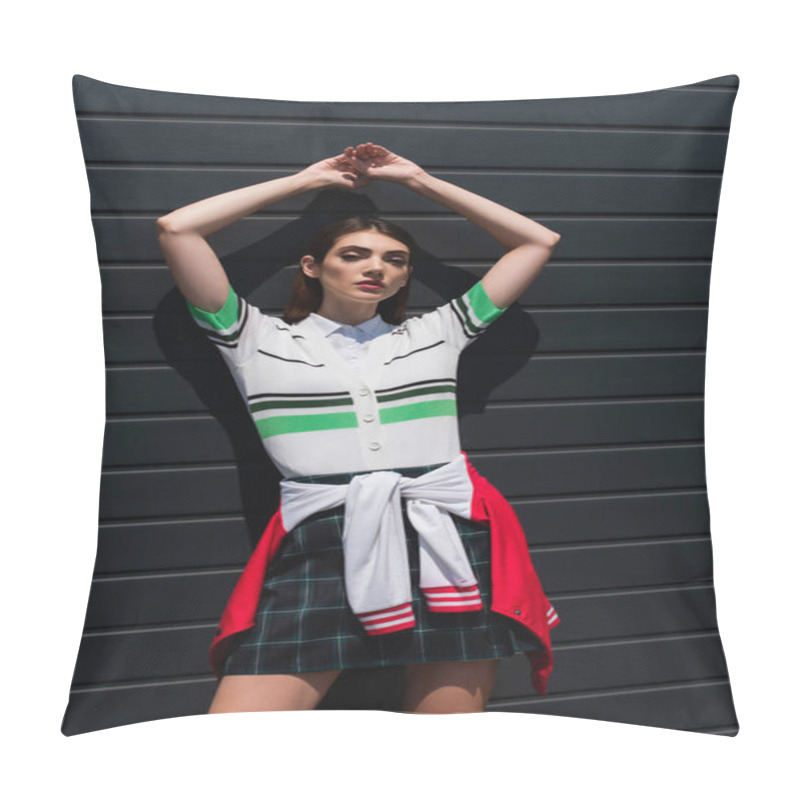 Personality  Young Woman In Striped Polo T-shirt Posing Near Grey Wall With Raised Hands Pillow Covers