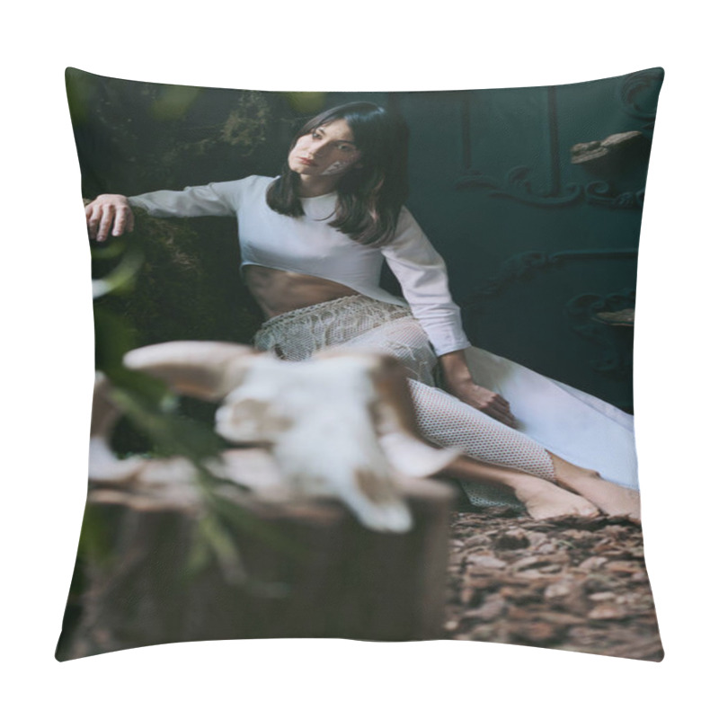 Personality  Woman In White Clothing Poses Against Dark Background. Pillow Covers