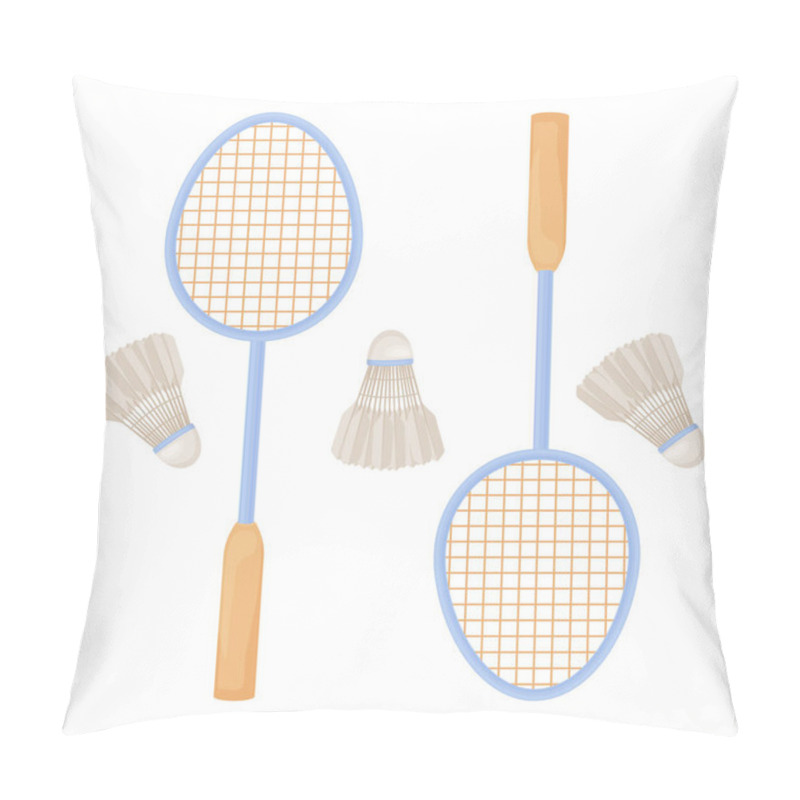 Personality  Badminton Rackets. A Set Featuring Badminton Rackets And Shuttlecocks. Sports Accessories For Game Sports. Vector Illustration Isolated On A White Background Pillow Covers