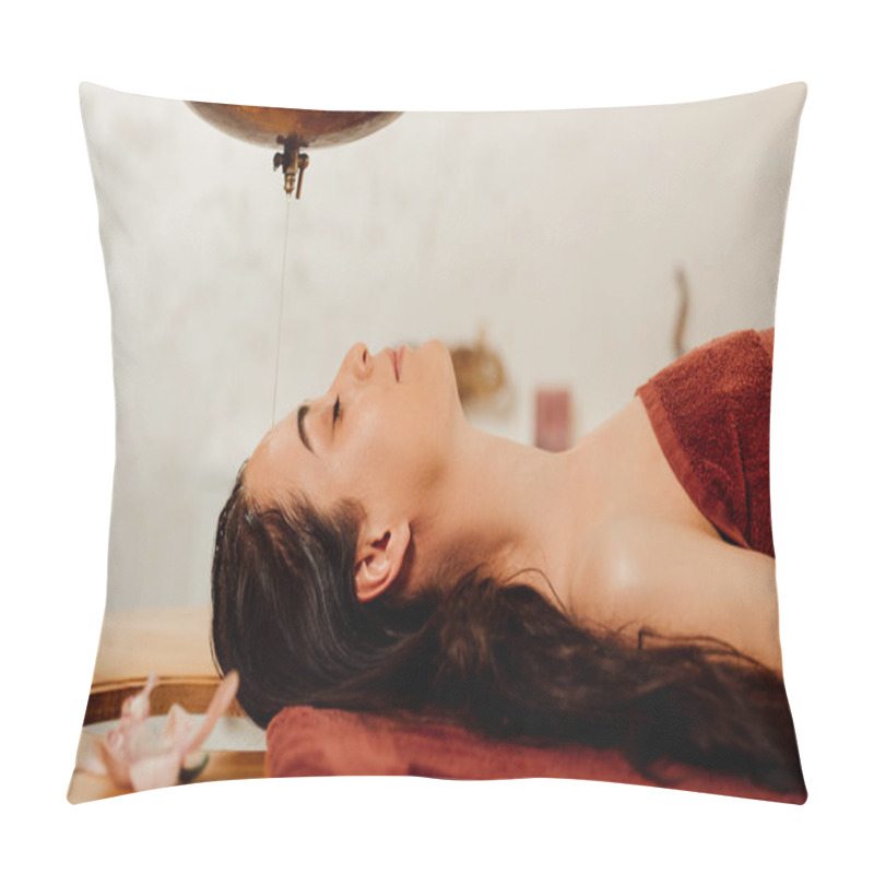 Personality  Side View Of Relaxed Young Woman Lying Under Shirodhara Vessel During Ayurvedic Procedure Pillow Covers