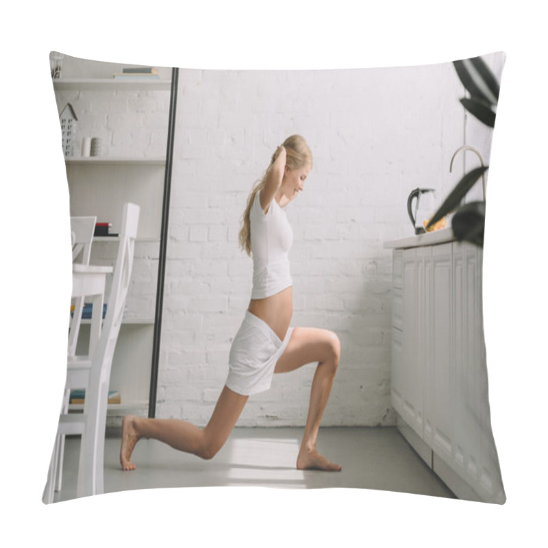 Personality  Side View Of Pregnant Woman Doing Fitness Exercises At Home Pillow Covers