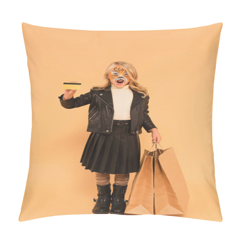 Personality  Child With Tiger Face Painting, Shopping Bags And Credit Card Growling On Beige Pillow Covers