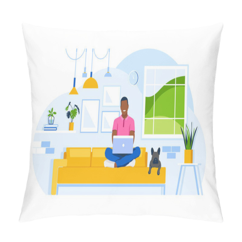 Personality  Young Man Sits On A Sofa With Lying Dog And Work From Home With A Laptop. Concept Living Room With Couch, Plants, Man, Lamps. Person Indoor Job Remote Work. Flat Vector Illustration. Pillow Covers