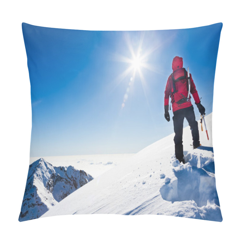 Personality  Mountaineer Reaches The Top Of A Snowy Mountain In A Sunny Winte Pillow Covers