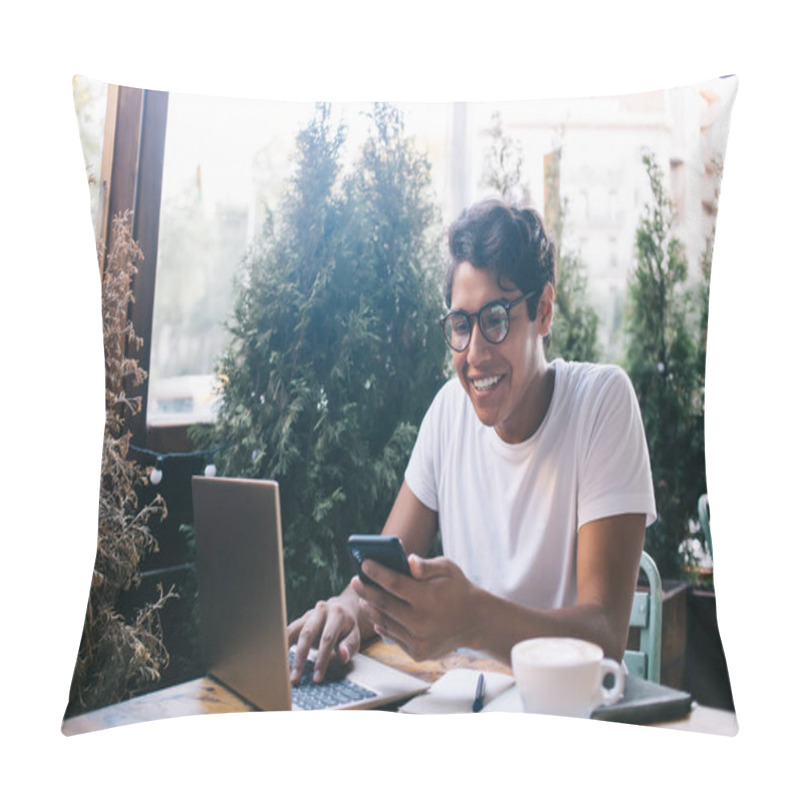 Personality  Cheerful Male IT Professional Reading Mobility Notifications And Smiling Sitting At Street Coffee Shop With Good Internet Connection, Man In Eyeglasses Enjoying Web Messaging Via Smartphone Pillow Covers