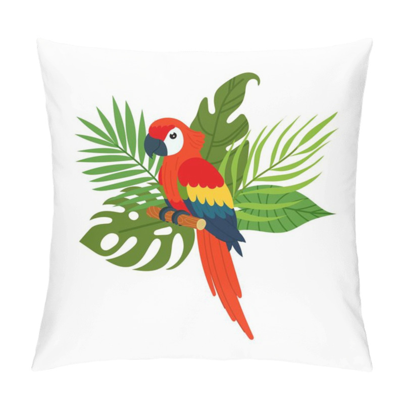 Personality  A Tropical Forest. Composition Of Tropical Plants And Tropical Bird. Parrot On A Background Of Tropical Branches In A Flat Style. Pillow Covers