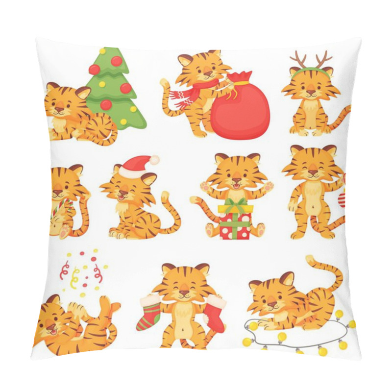 Personality  Cartoon Cute Little Tigers, Happy Tiger Cubs. Baby Animal Characters With Xmas Tree Or Gift Box Celebrating Christmas And New Year Vector Set Pillow Covers