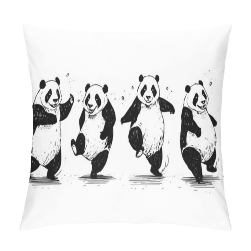 Personality  Set Of Dancing Panda Hand Drawn Ink Sketch. Engraved Style Vector Illustration Pillow Covers