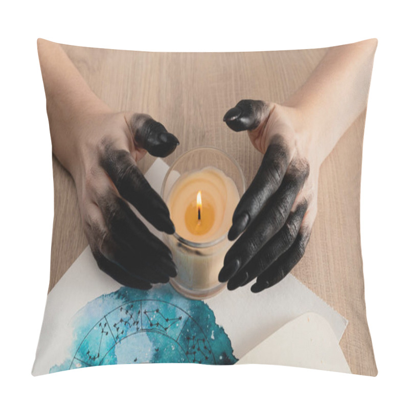 Personality  Cropped View Of Witch With Black Paint On Hands Holding Candle By Cards With Watercolor Zodiac Signs On Table  Pillow Covers