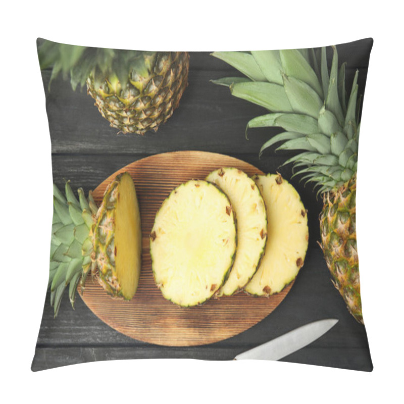 Personality  Whole And Cut Pineapples On Black Wooden Table, Flat Lay Pillow Covers