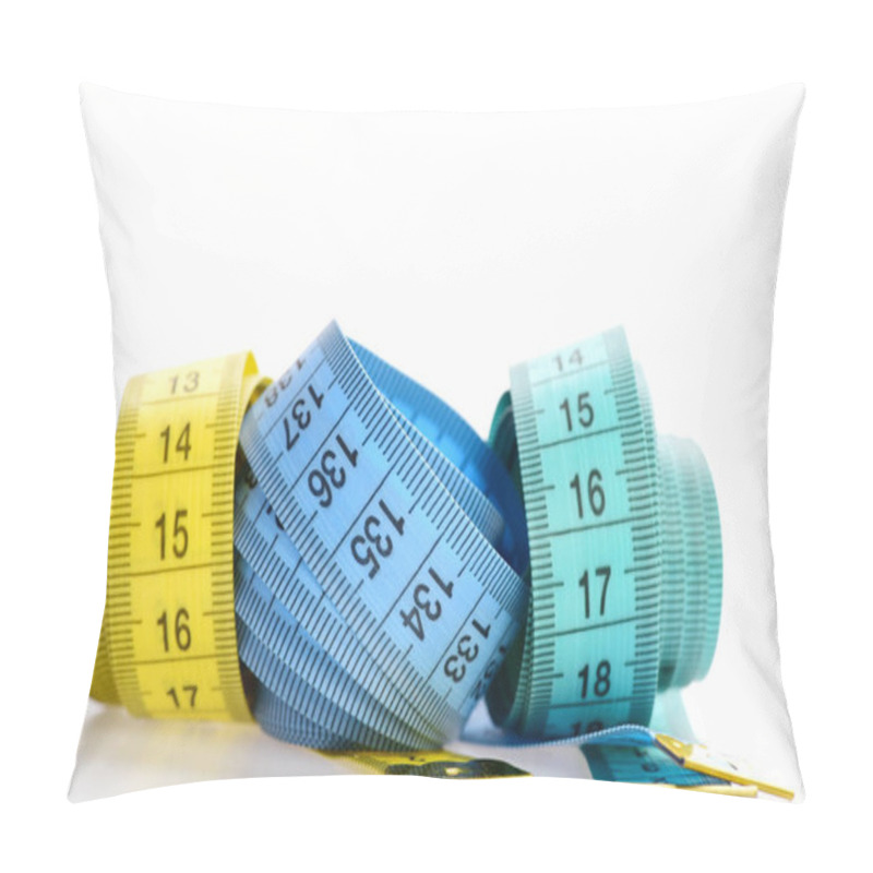 Personality  Yellow And Blue Rolled Measuring Tapes On White Background. Pillow Covers