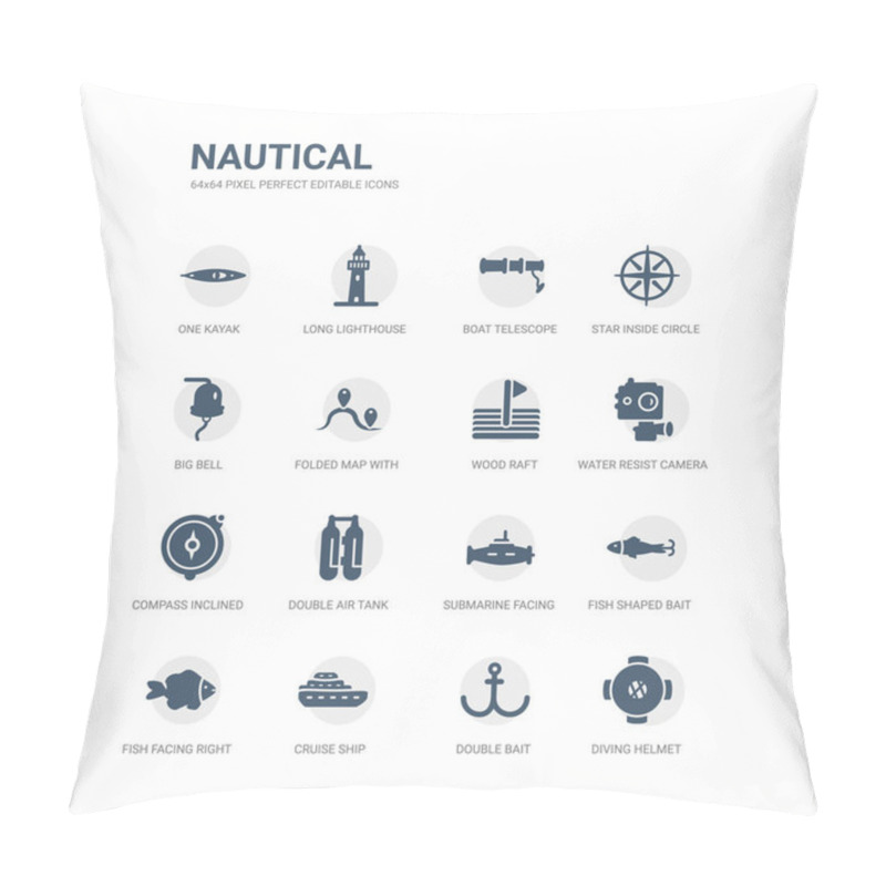 Personality  Simple Set Of Icons Such As Diving Helmet, Double Bait, Cruise Ship, Fish Facing Right, Fish Shaped Bait, Submarine Facing Right, Double Air Tank, Compass Inclined, Water Resist Camera, Wood Raft. Pillow Covers