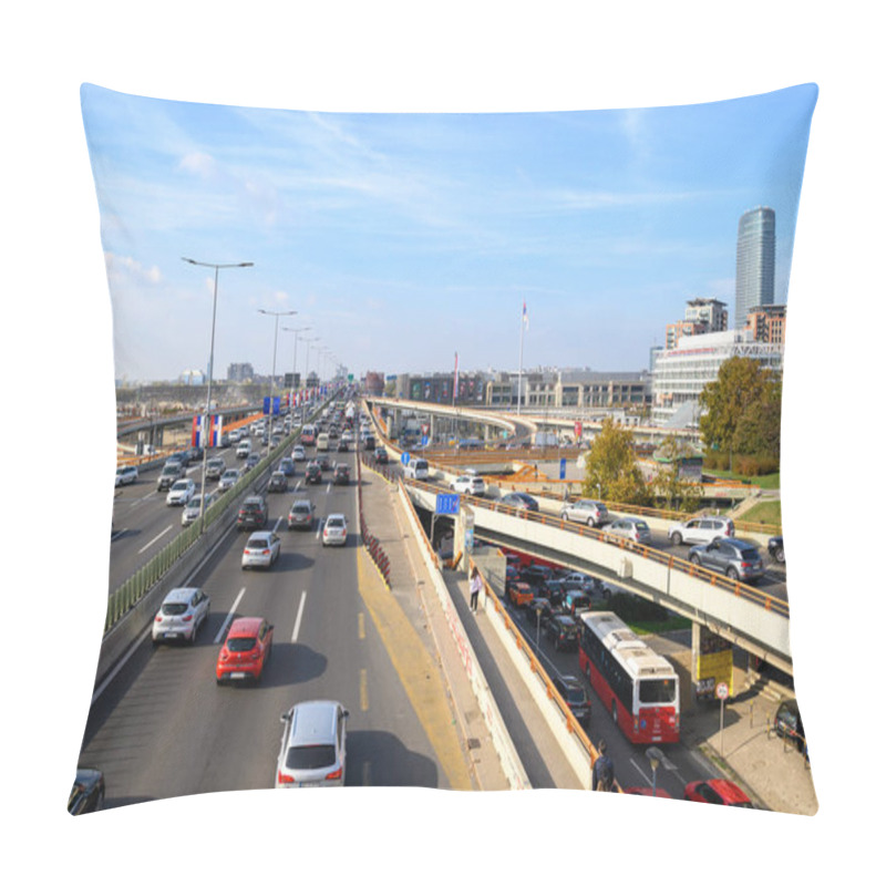 Personality  Mostar Loop Interchange And Urban Highway Over Gazela Bridge (European Route E75) In Belgrade, Capital Of Serbia On 31 October 2024 Pillow Covers