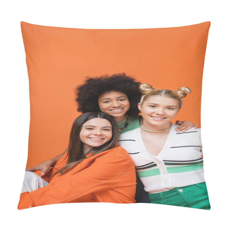 Personality  Smiling African American Teenage Girl With Bright Makeup Hugging Stylish Girlfriends In Casual Outfits And Posing Together Isolated On Orange, Cool And Confident Teenage Girls Pillow Covers