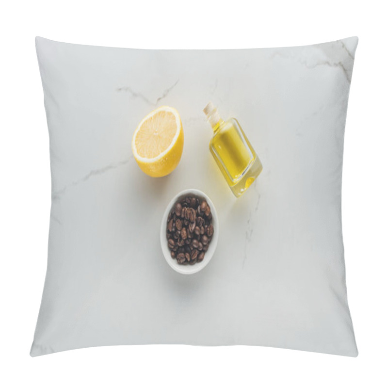 Personality  Top View Of Bowl With Coffee Grains, Half Lemon And Bottle Of Lemon Juice On White Surface Pillow Covers