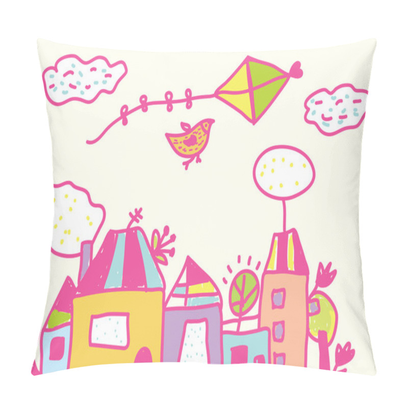 Personality  Kids Funny Background With Kite, Houses Pillow Covers