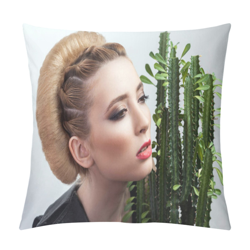 Personality  Attractive Woman With Collected Bun Hairstyle Posing With Cactus In Flowerpot Isolated On White Background, Close-up  Pillow Covers