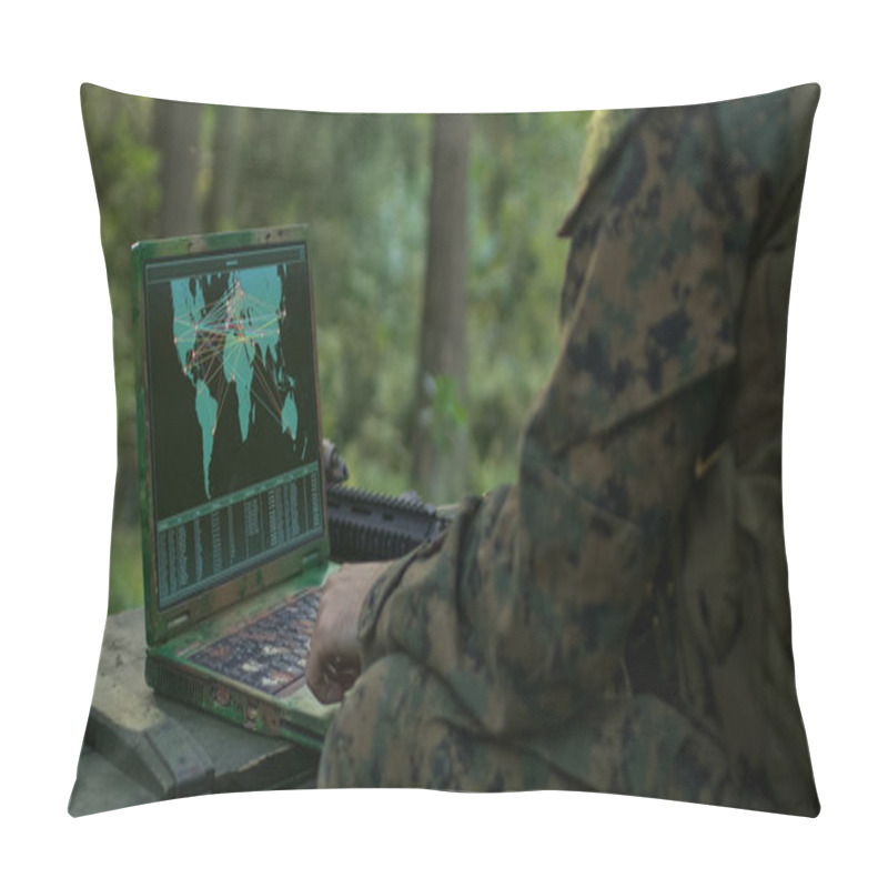 Personality  Military Operation In Action, Soldiers Using Military Grade Laptop Use Military Industrial Complex Hardware For Accomplishing International Mission. In The Background Camouflaged Tent On The Forest. Pillow Covers