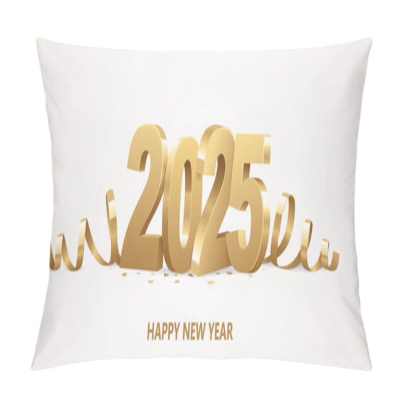 Personality  Happy New Year 2025. Golden 3D Numbers With Ribbons And Confetti On A White Background. Pillow Covers