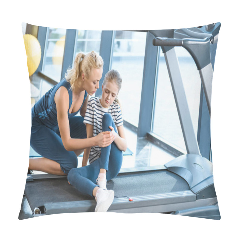 Personality  Woman Helping Girl Injured Knee Sitting On Treadmill Pillow Covers