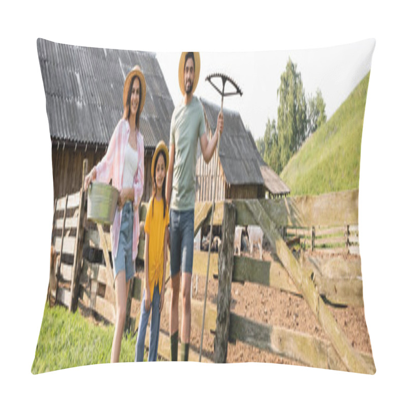 Personality  Family With Bowl And Rakes Smiling At Camera Near Corral On Rural Farm, Banner Pillow Covers