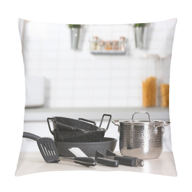 Personality  Set Of Clean Cookware And Utensils On Table In Modern Kitchen Pillow Covers