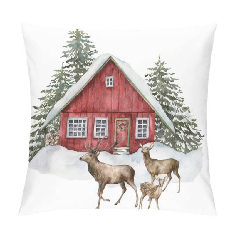 Personality  Watercolor Christmas Card With Red House And Deers In Winter Forest. Hand Painted Illustration With Fir Trees And Snow Isolated On White Background. Holiday Card For Design, Print, Fabric, Background. Pillow Covers