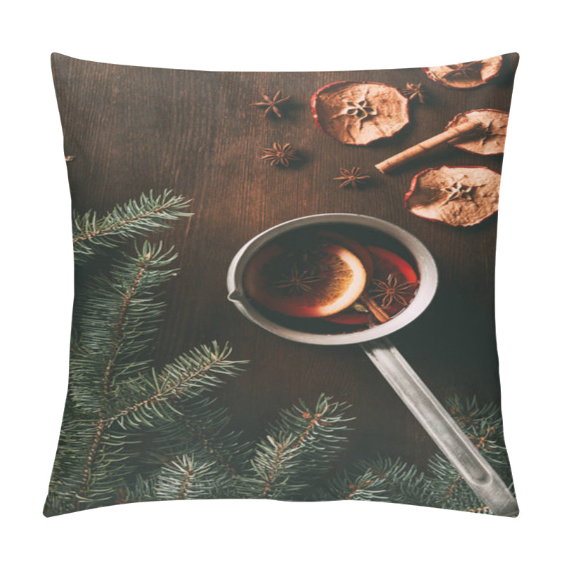 Personality  Top View Of Traditional Christmas Mulled Wine With Spices On Wooden Background With Pine Branches Pillow Covers