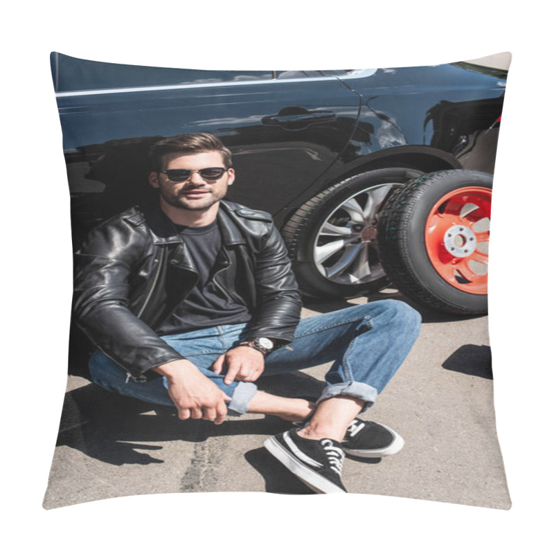 Personality  Smiling Stylish Man In Sunglasses Sitting Near Broken Car At Street Pillow Covers