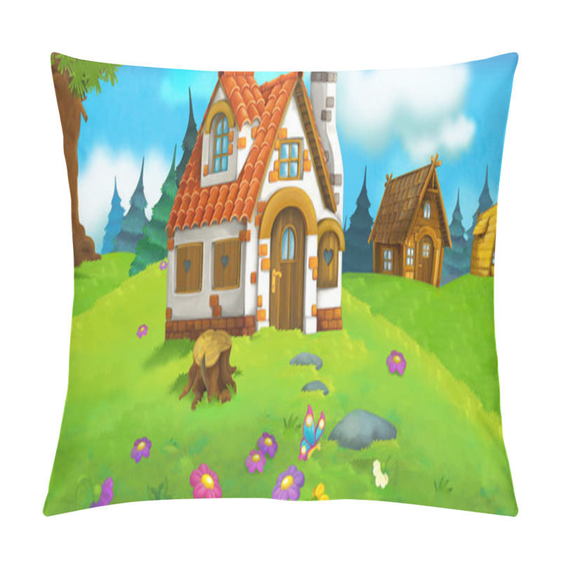 Personality  Cartoon Scene With Beautiful Rural Brick House In The Forest On The Meadow - Illustration For Children Pillow Covers